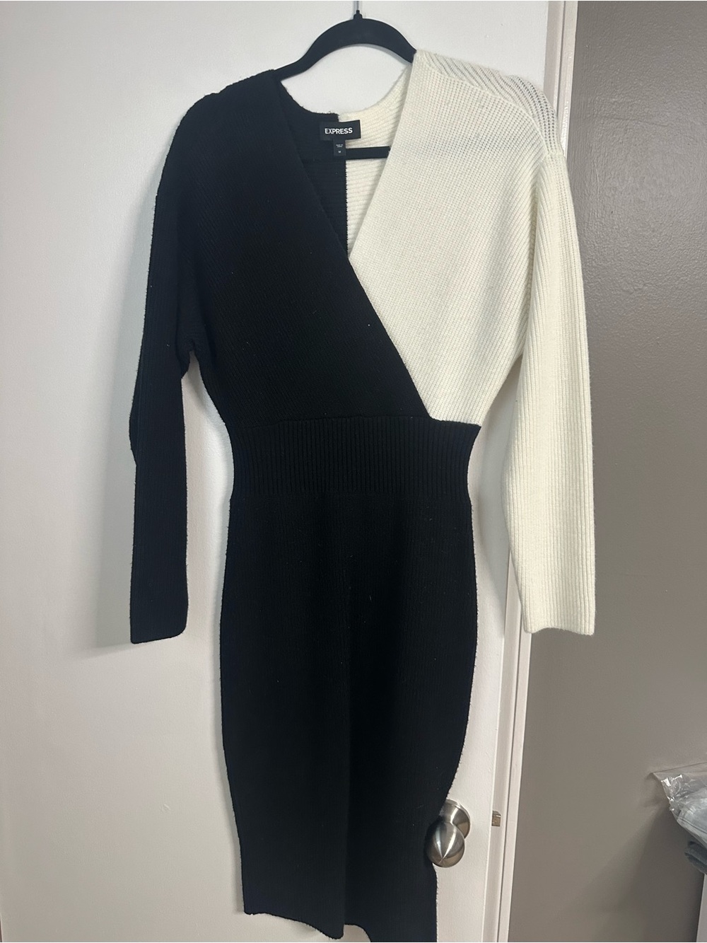 Express Black & White Ribbed Wrap Midi Dress